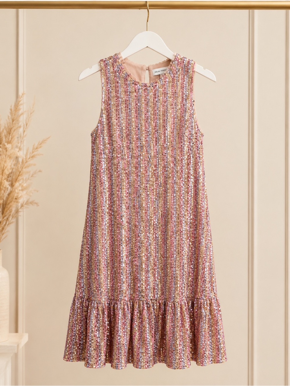 Julia Jordan Sequin Shift Dress Rose Gold Ruffle Hem Cocktail Party